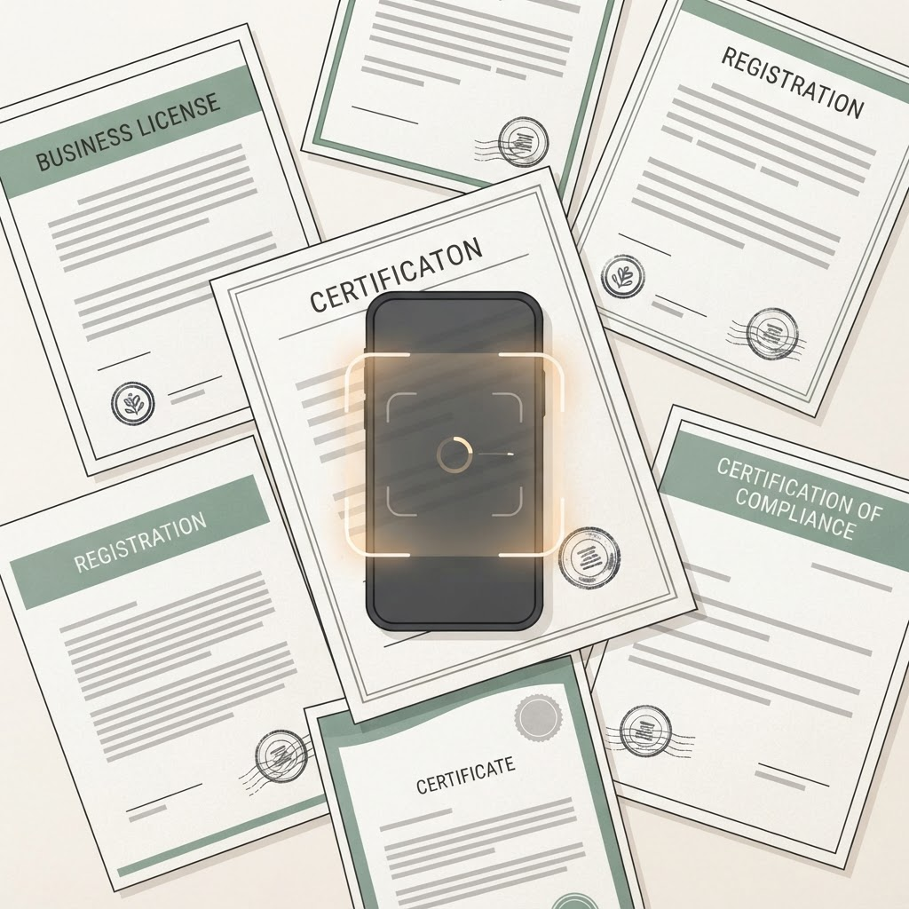 A phone photographing a business certificate, with other permits and licenses fanned out beneath it.